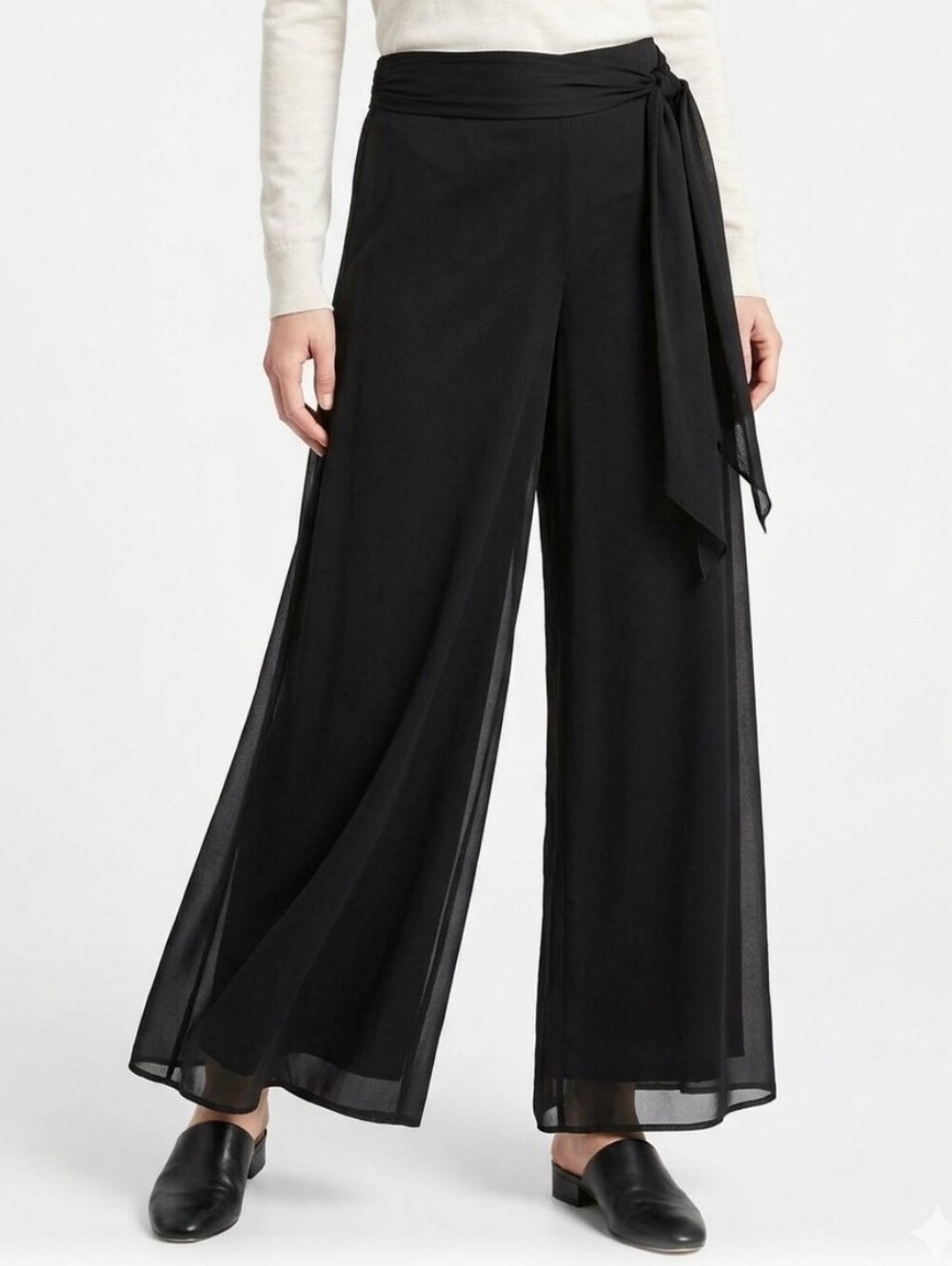 Connected Apparel Womens Black Dress Pants Wide Mesh Lined Tie Belt Sz LJ8
